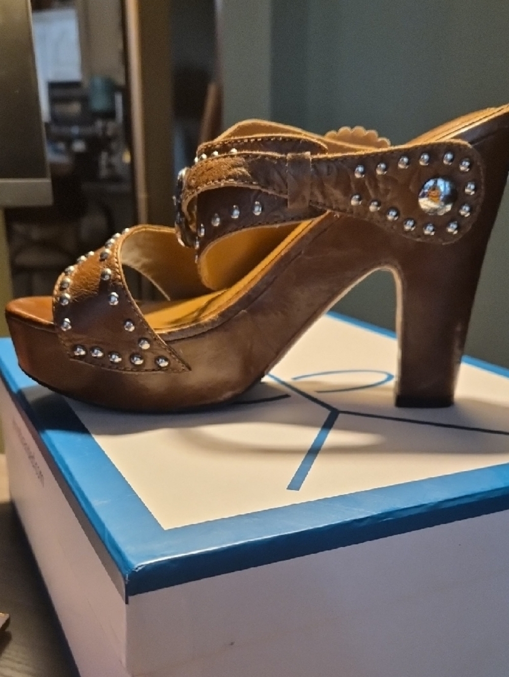 Brown Studded Platform Sandal with Decorative Concho - Picture 4 of 9
